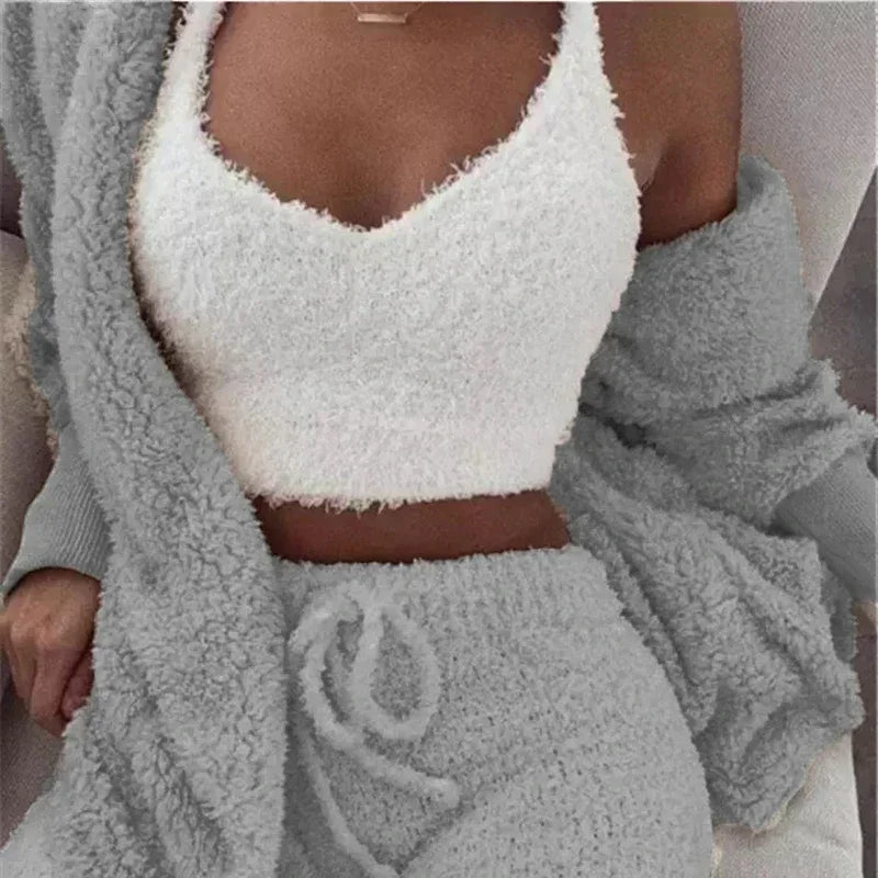 2024 New Winter Women Velvet Pajamas Set Sexy V Neck Crop Top+Shorts+Cardigans Coat 3 Pieces Suit Warm Thick Homewear Outfit 3XL