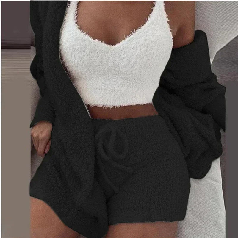 2024 New Winter Women Velvet Pajamas Set Sexy V Neck Crop Top+Shorts+Cardigans Coat 3 Pieces Suit Warm Thick Homewear Outfit 3XL