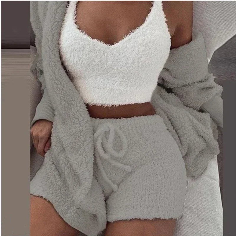 2024 New Winter Women Velvet Pajamas Set Sexy V Neck Crop Top+Shorts+Cardigans Coat 3 Pieces Suit Warm Thick Homewear Outfit 3XL