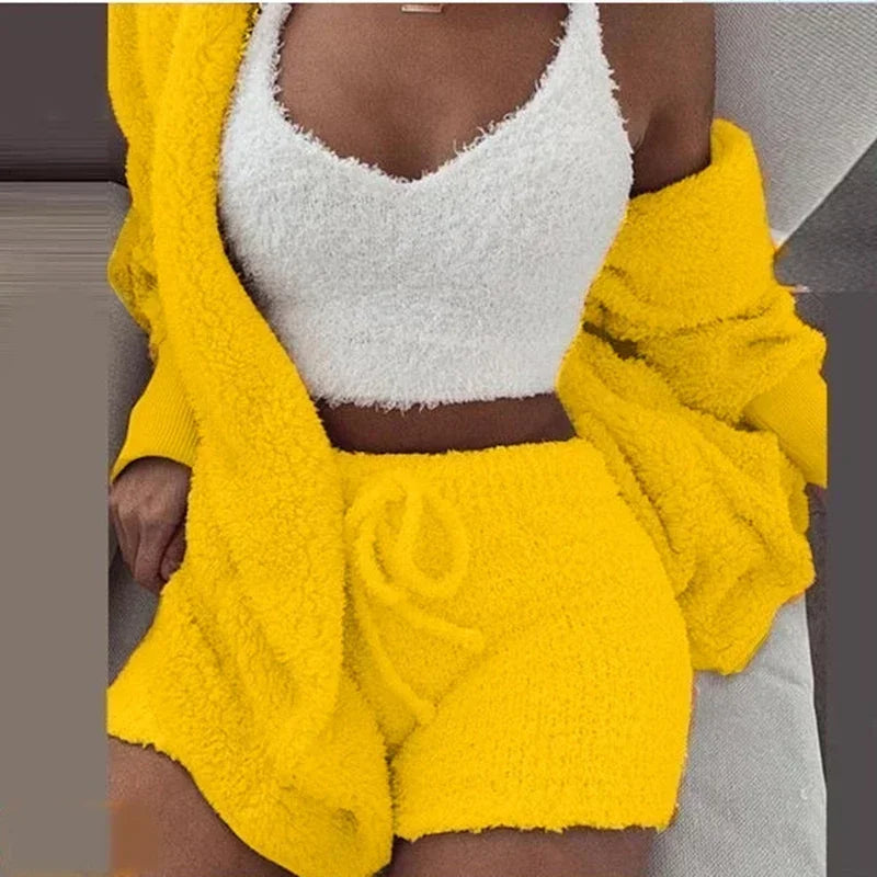 2024 New Winter Women Velvet Pajamas Set Sexy V Neck Crop Top+Shorts+Cardigans Coat 3 Pieces Suit Warm Thick Homewear Outfit 3XL